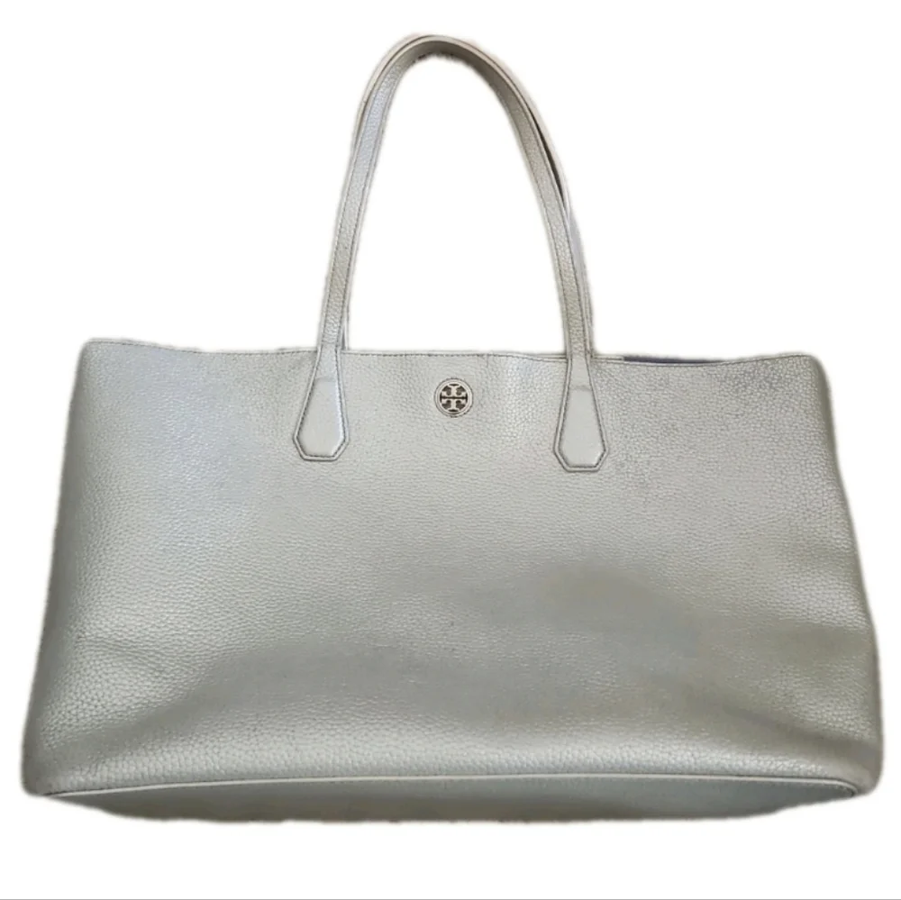 Tory Burch Silver Metallic Pebbled Leather Perry Large Tote Bag